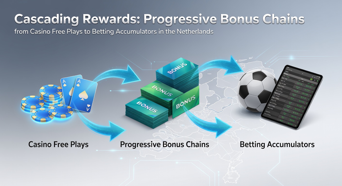 Grafische weergave van een progressieve bonusketen die begint bij casino gratis spins en uitmondt in betting accumulators op Nederlandse platforms