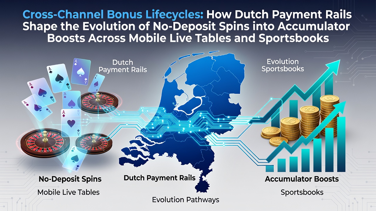 Illustratie van Nederlandse betaalrails die no-deposit spins verbinden met accumulator boosts in mobiele casino en sportsbook omgevingen