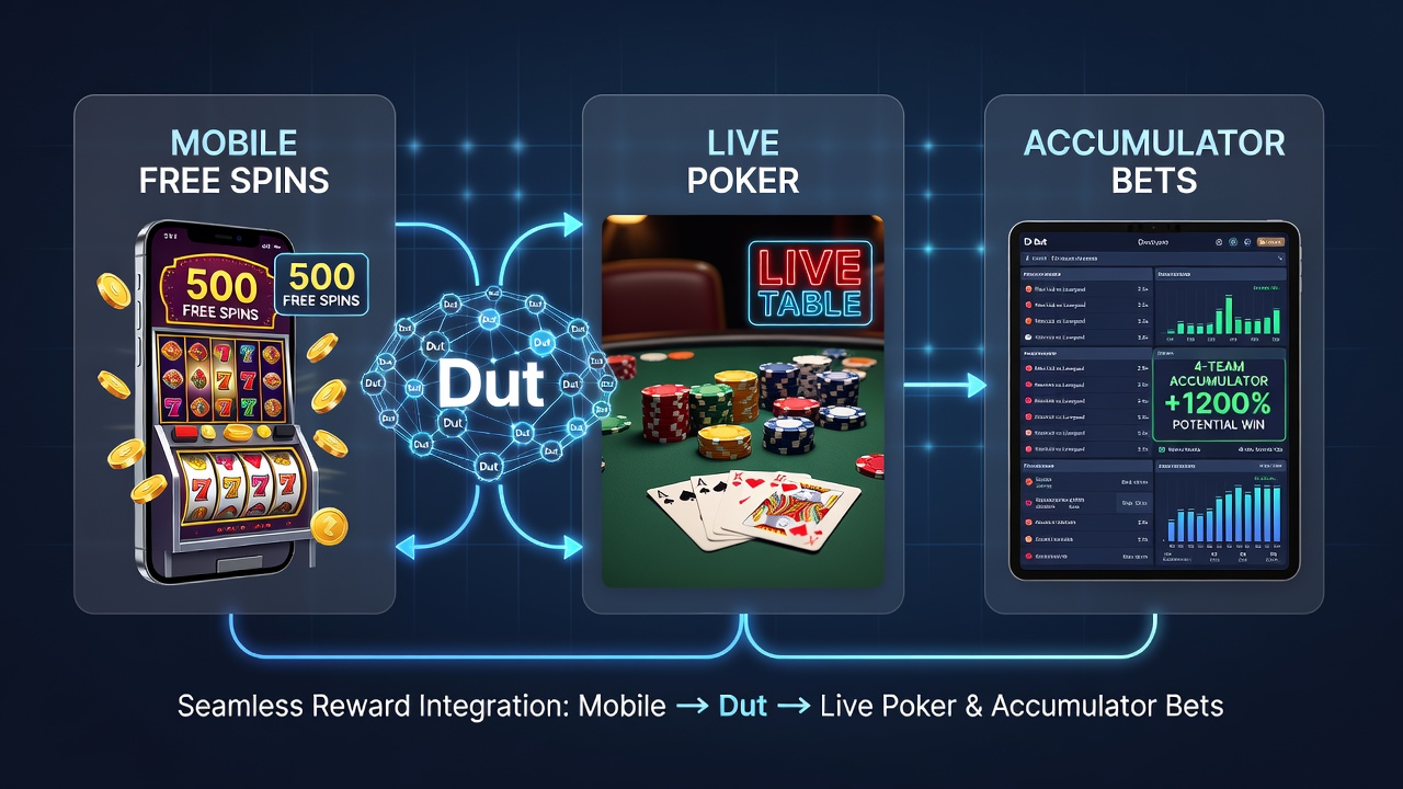 Diagram van IDEAL transacties die free spins winsten koppelen aan accumulator bets en live poker
