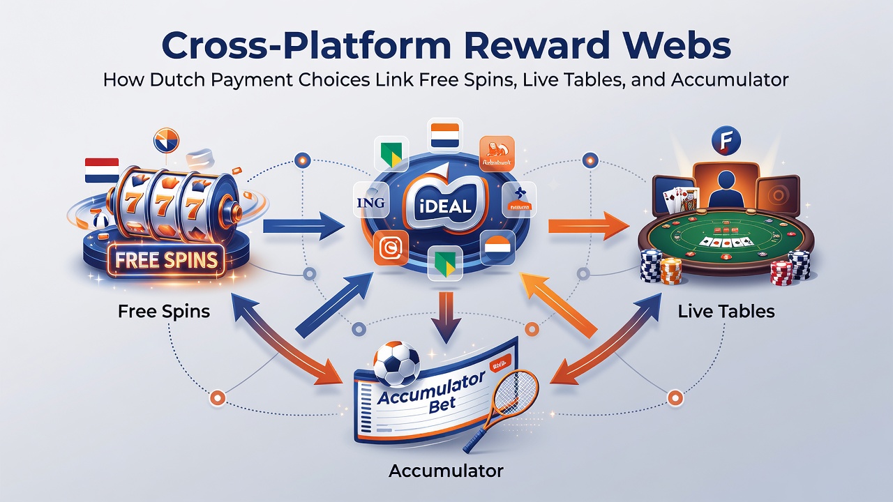 Diagram van cross-platform bonusstromen met Nederlandse betaalmethoden en mobiele integratie
