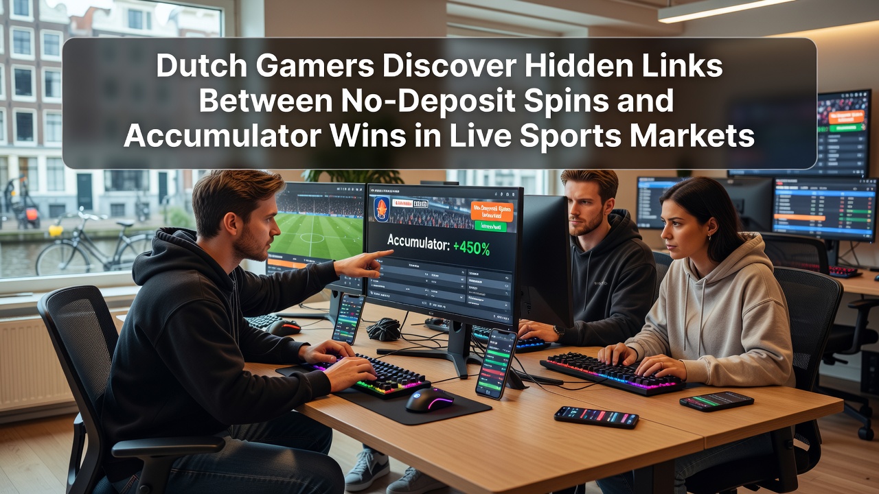 Illustratie van Nederlandse gamers die digitale verbanden onderzoeken tussen casino spins en sportaccumulators