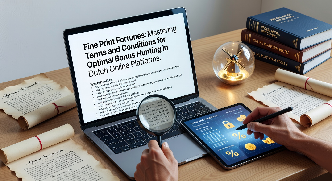 Close-up van een contract met kleine lettertjes en een vergrootglas erboven, symboliserend het ontleden van bonusvoorwaarden in Nederlandse online casino's