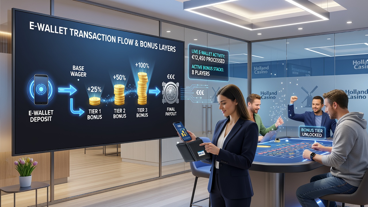 Diagram dat de stroom van e-wallet betalingen naar gelaagde bonussen in Nederlandse gokomgevingen weergeeft