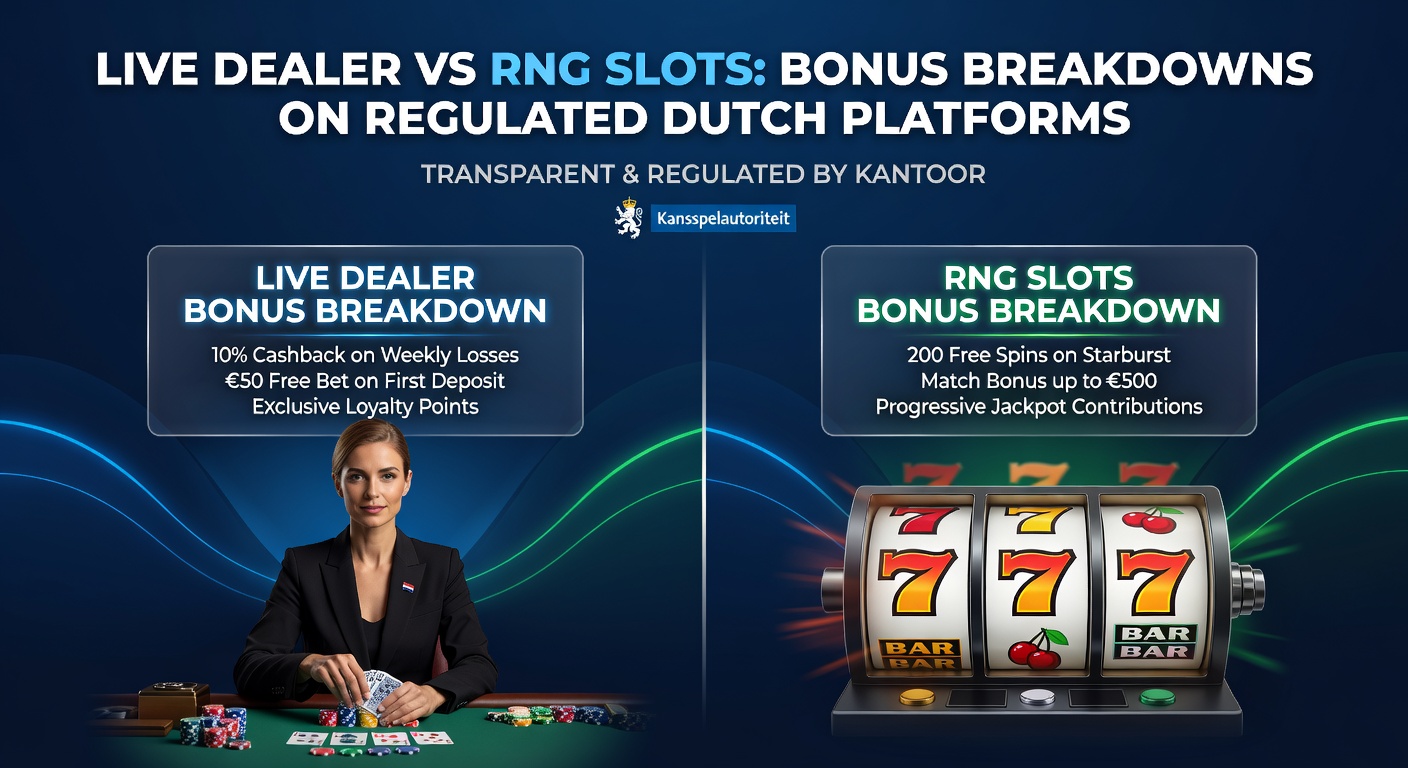 Vergelijking van live dealer tafels en RNG slots met bonus overlays op een Nederlands casino platform