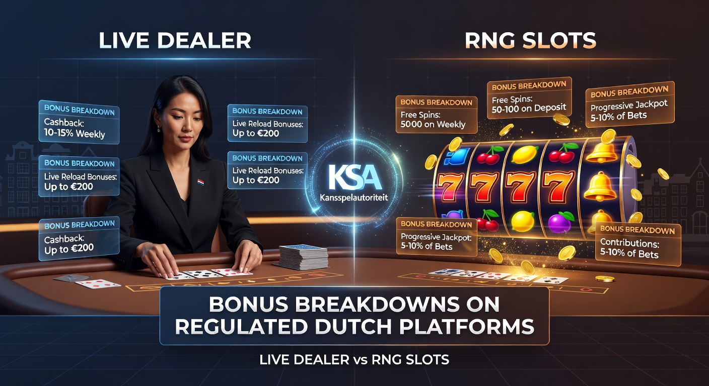 Close-up van RNG slot bonus features met free spins en multipliers naast live dealer interface op een mobiel Nederlands casino scherm