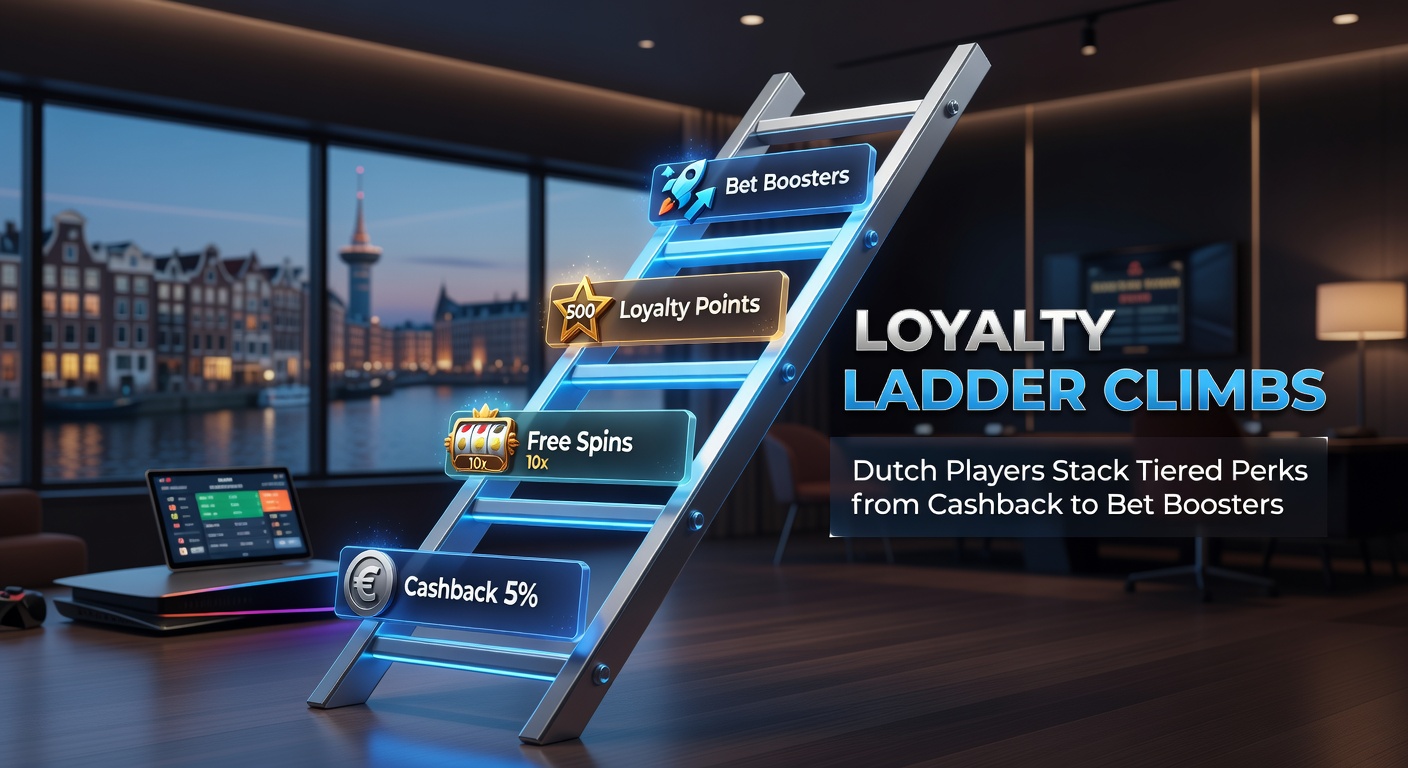 Nederlandse speler visualiseert de klim op een loyaliteitsladder met stapels perks zoals cashback en bet-boosters in een online casino-omgeving