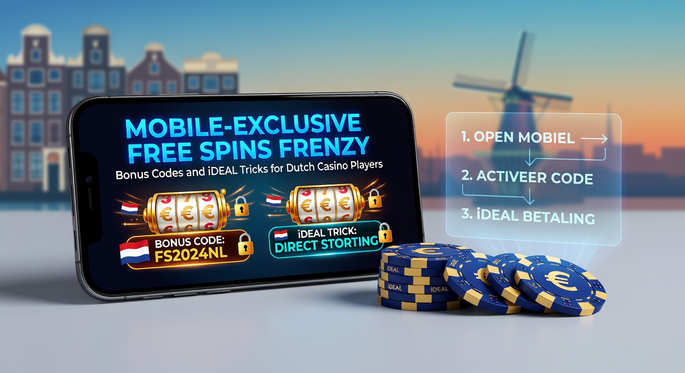 Smartphone met draaiende free spins op een Nederlands casino-app, met iDEAL-logo en bonuscode in beeld