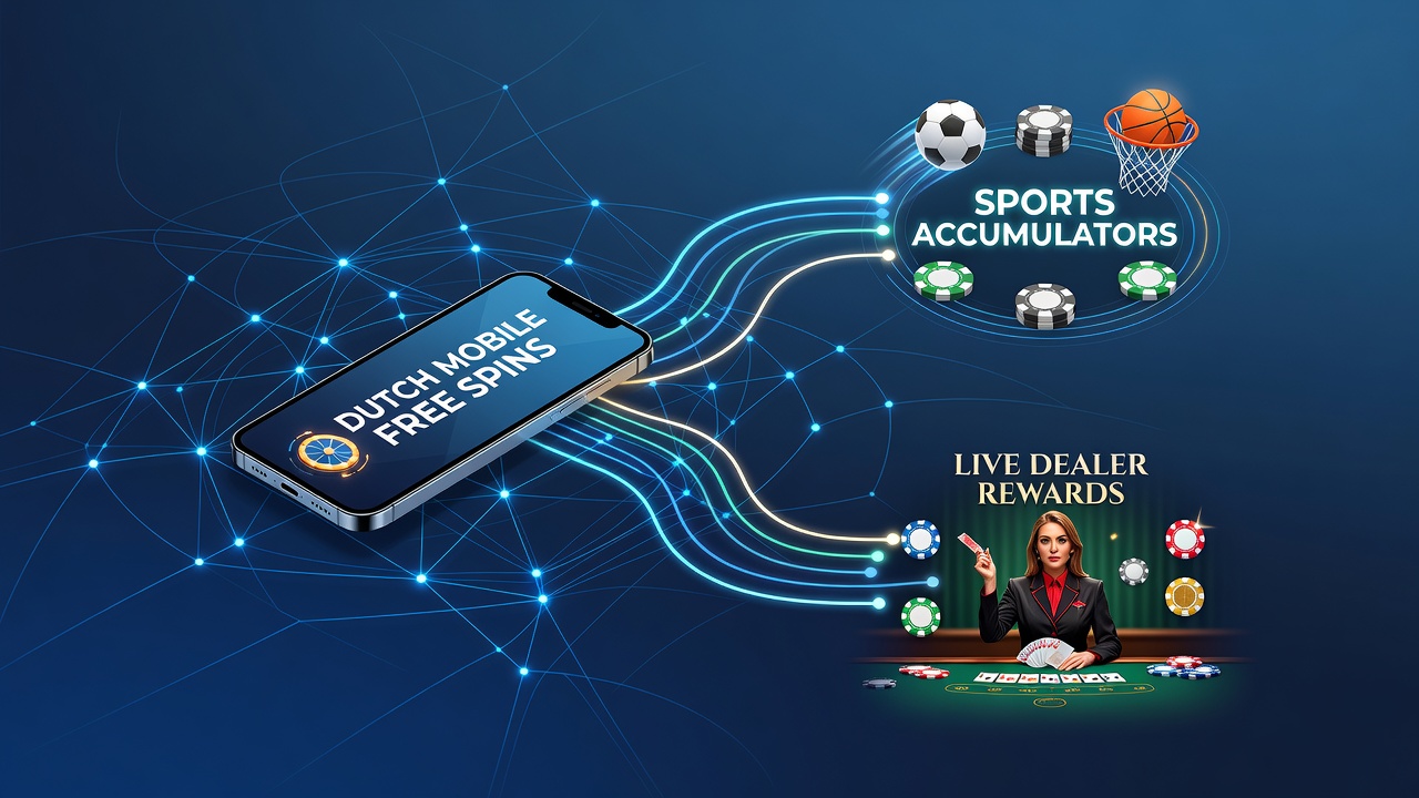 Illustratie van mobiele casino interfaces met free spins die overgaan in sportweddenschappen en live dealer sessies op Nederlandse platforms