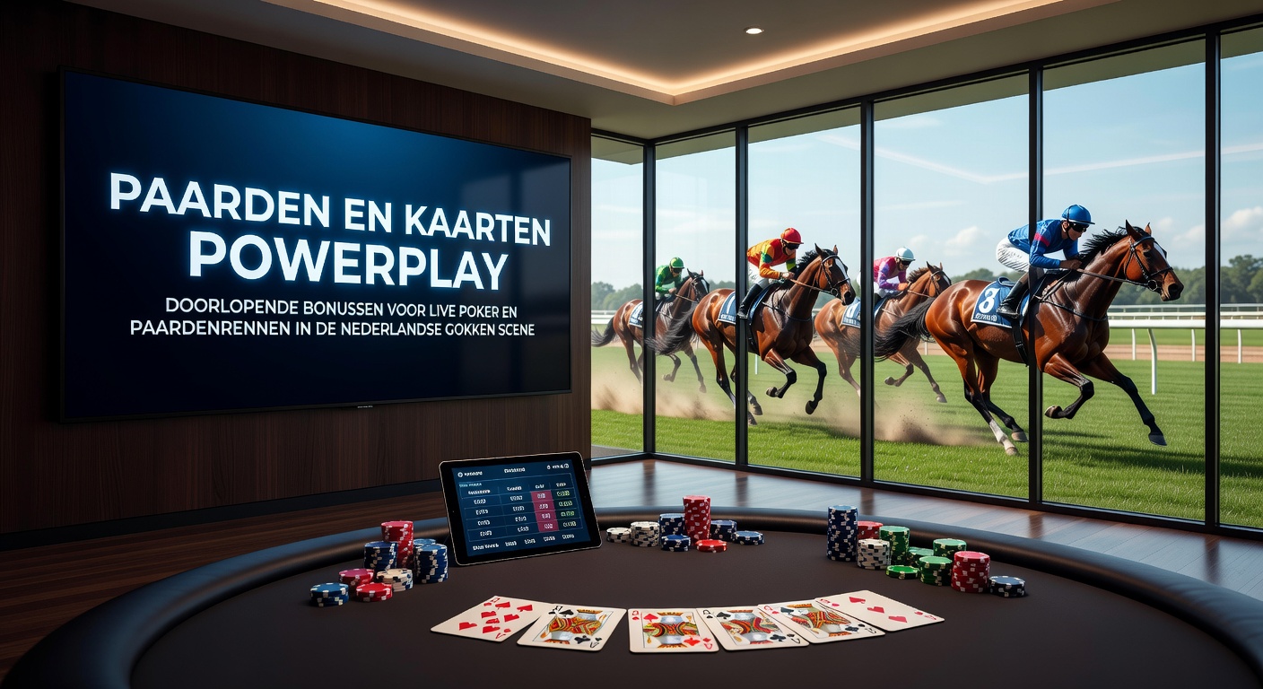 Dynamische scène met galopperende paarden op de renbaan en pokerkaarten in actie, symboliserend doorlopende bonussen in de Nederlandse gokwereld