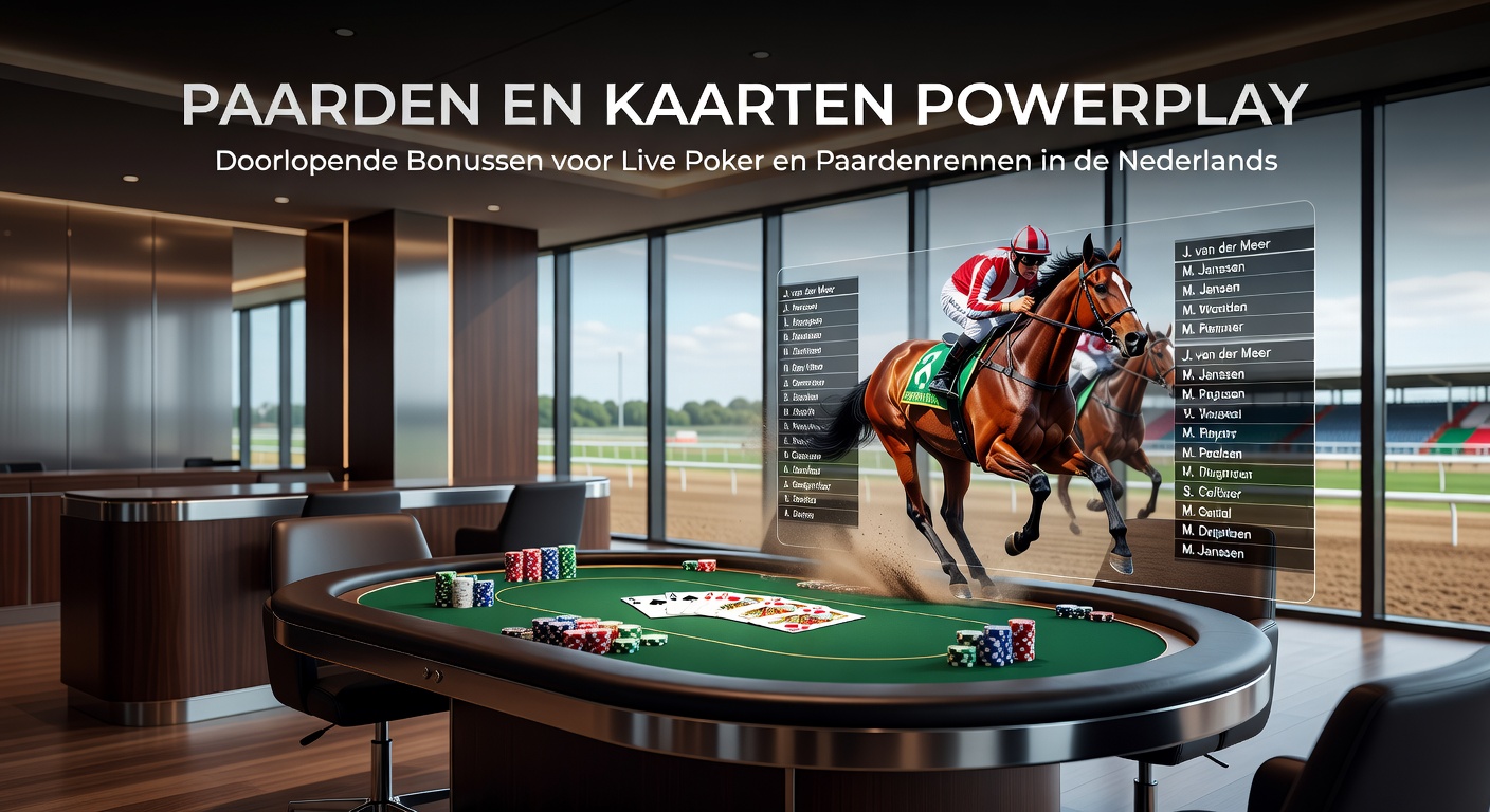 Close-up van een spannende paardenrace finish met overlay van poker chips en bonus iconen, illustrerend de synergie tussen renbanen en kaarten in Nederlandse bonussen