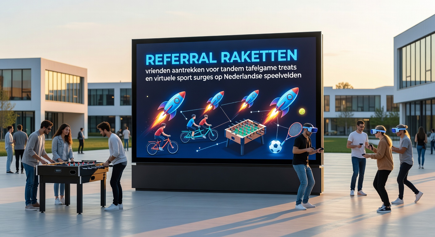 Vriendengroep viert referral succes met tafelspellen en virtuele sportweddenschappen op een Nederlands online platform, met raket-emoji's die bonussen symboliseren
