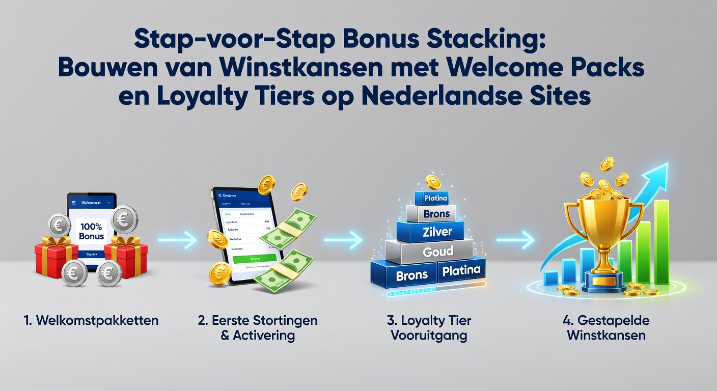 Grafische weergave van bonus stacking met welcome packs en loyalty tiers op Nederlandse casino platforms, inclusief pijlen die winstkansen tonen