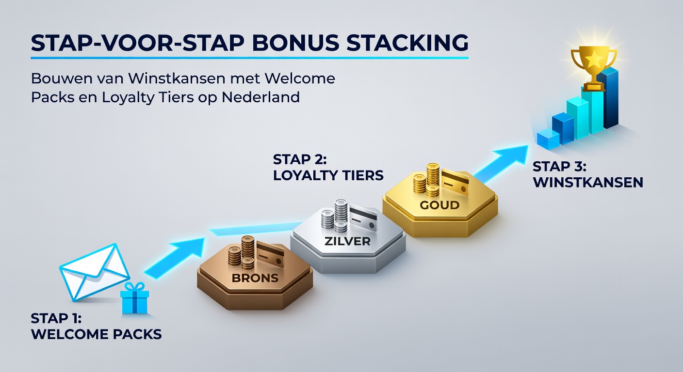 Stapsgewijze infographic van bonus stacking, met welcome pack als basis en loyalty tiers die opbouwen naar hogere winstkansen op Nederlandse sites