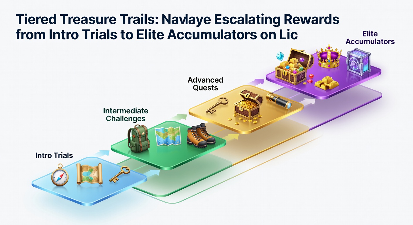 Schematische illustratie van midden-tiers in tiered treasure trails, met zilveren en gouden schatkisten die multipliers en accumulatoren tonen op Nederlandse gaming sites